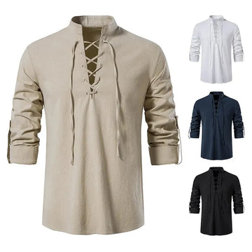 Camisa Masculina Casual de Linho com Cordão