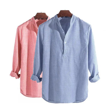 Camisa Masculina Listrada de Linho e Algodão