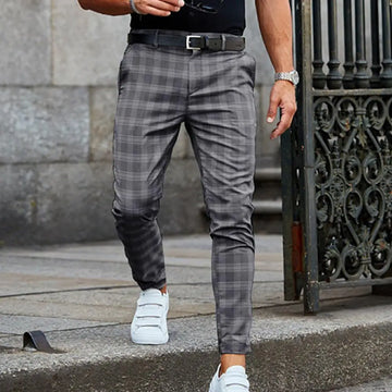 Calças Masculinas Elegantes Xadrez com Bolsos e Zíper