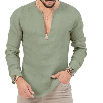 Camisa Masculina de Linho e Algodão com Decote V