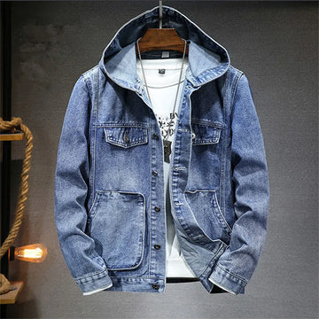 Jaqueta Jeans Masculina com Capuz e Bolsos Grandes