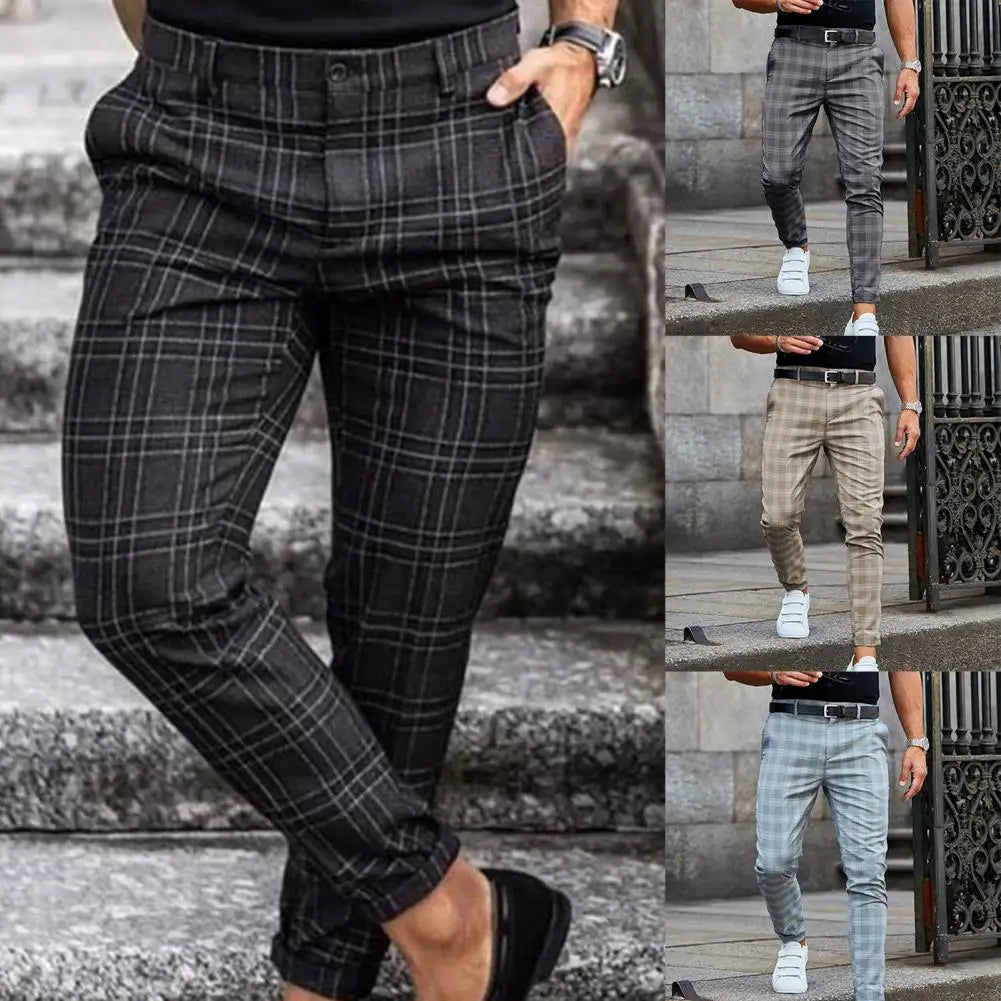 Calças Masculinas Elegantes Xadrez com Bolsos e Zíper