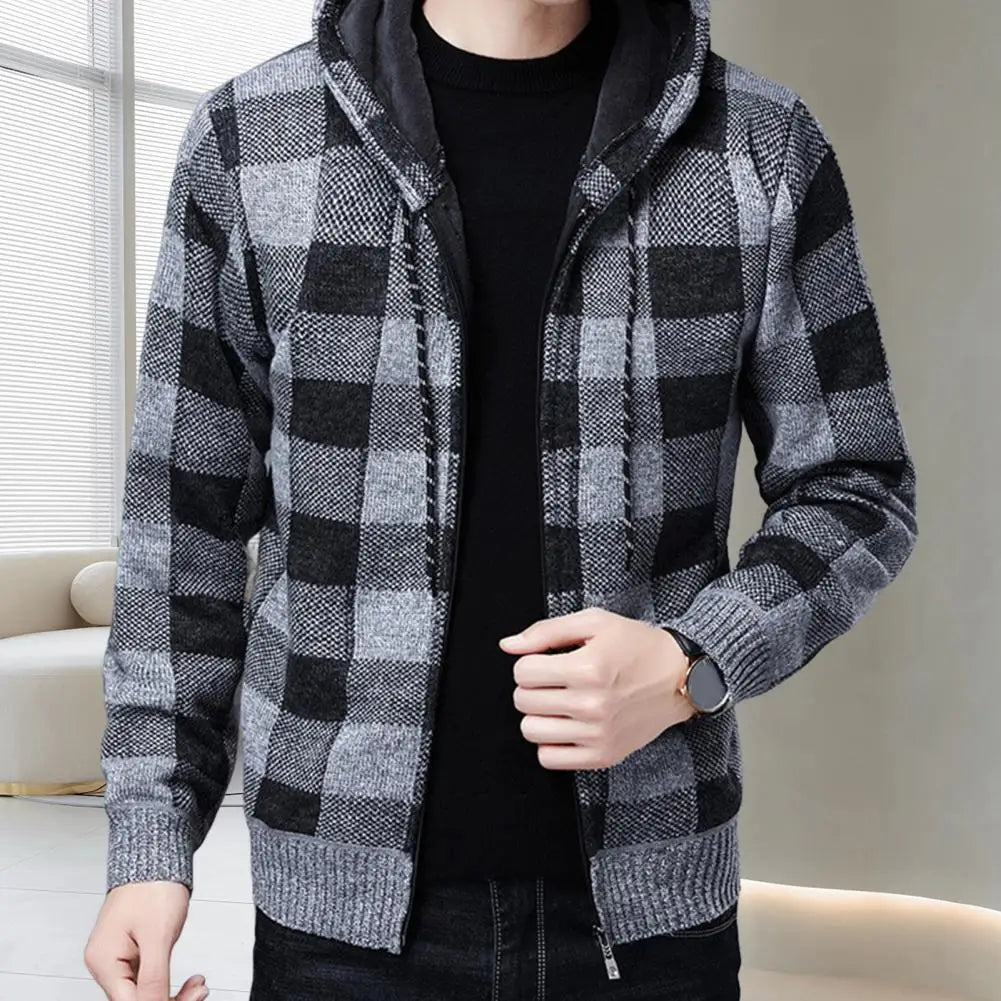 Jaqueta Cardigan Masculina Xadrez com Capuz e Zíper
