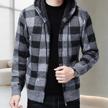 Jaqueta Cardigan Masculina Xadrez com Capuz e Zíper