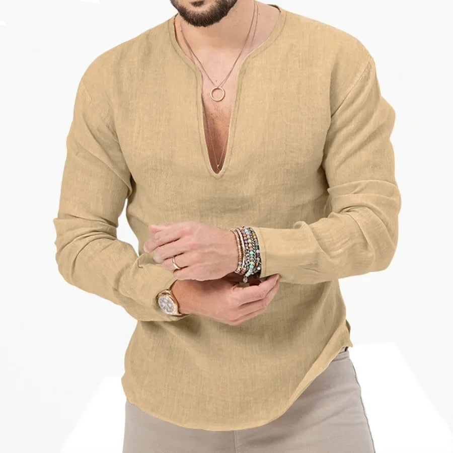 Camisa Masculina de Linho e Algodão com Decote V
