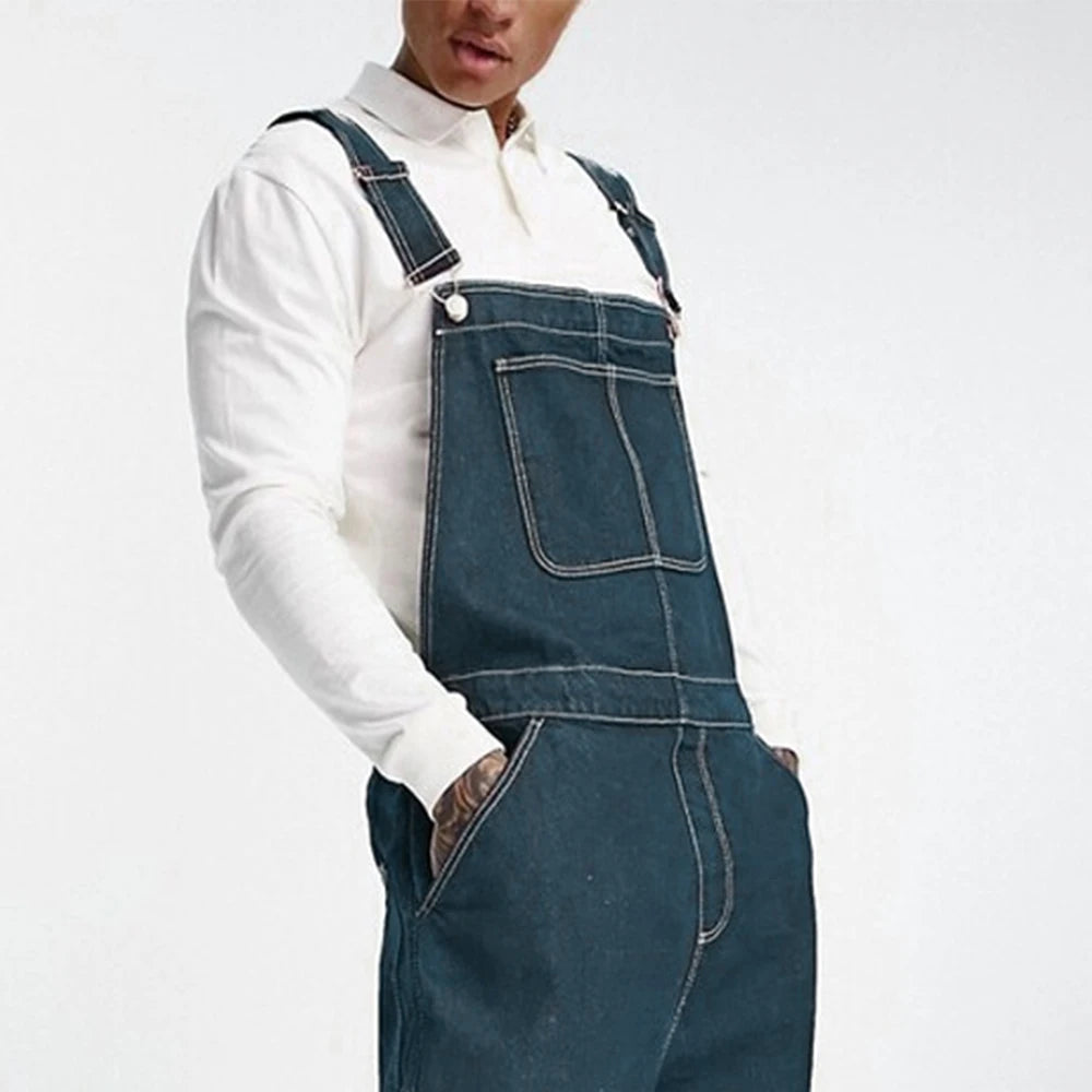 Macacão Masculino Denim Retro com Suspensórios