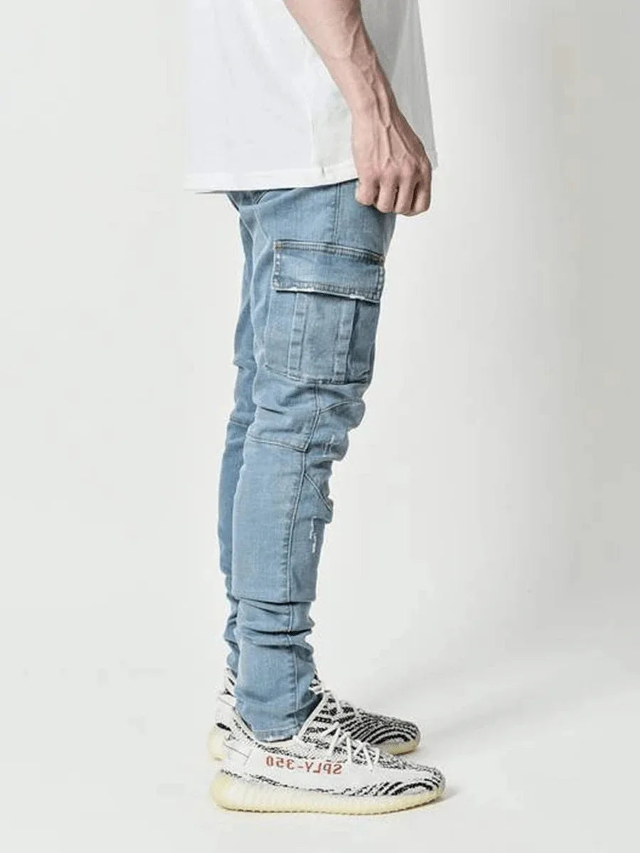 Calça Jeans Masculina Cargo Multi Bolsos - Casual