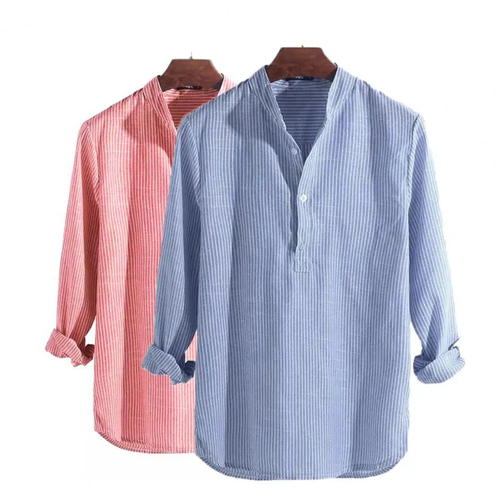 Camisa Masculina Listrada de Linho e Algodão