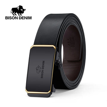 BISON DENIM Men's Leather Belt Alloy Automatic Buckle High Quality Business Leisure Casual Strap Luxury Brand Belt for Men