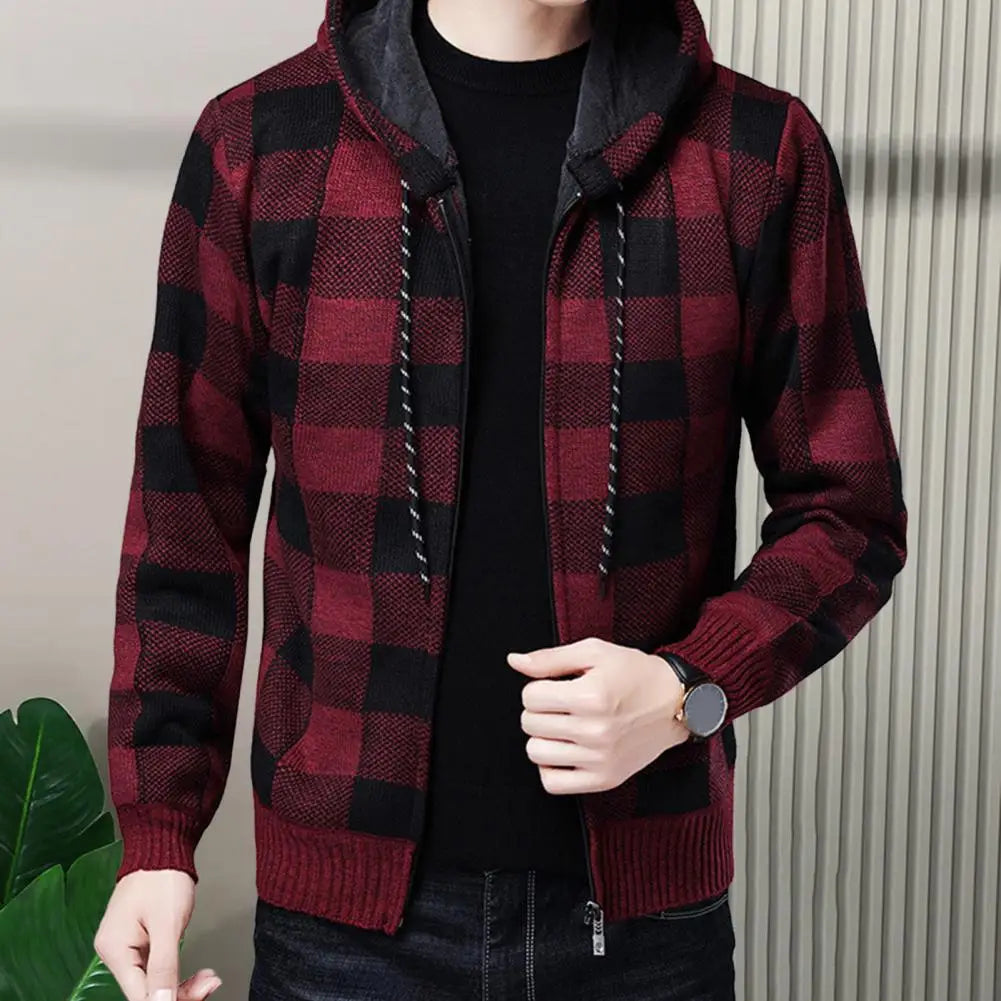 Jaqueta Cardigan Masculina Xadrez com Capuz e Zíper