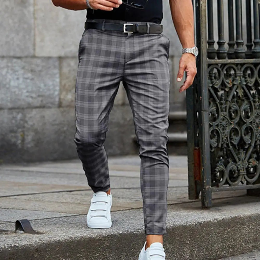 Calças Masculinas Elegantes Xadrez com Bolsos e Zíper