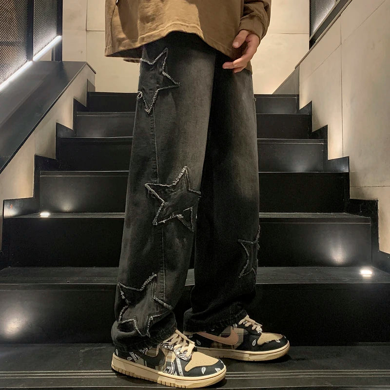 Calça Jeans Masculina Gótica com Bordado de Estrelas