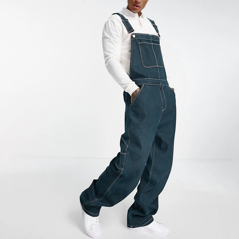Macacão Masculino Denim Retro com Suspensórios