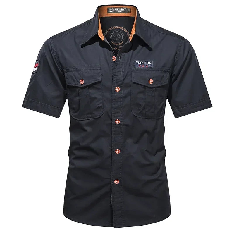Camisa Militar Masculina de Algodão com Multi Bolsos