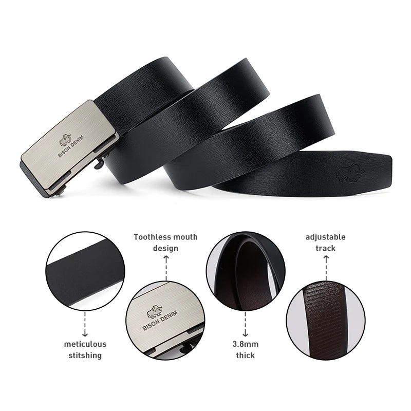 BISONDENIM Men Belts Automatic Buckle Belt Genune Leather High Quality Belt For Men Leather Strap Casual Buises for Jeans N71785