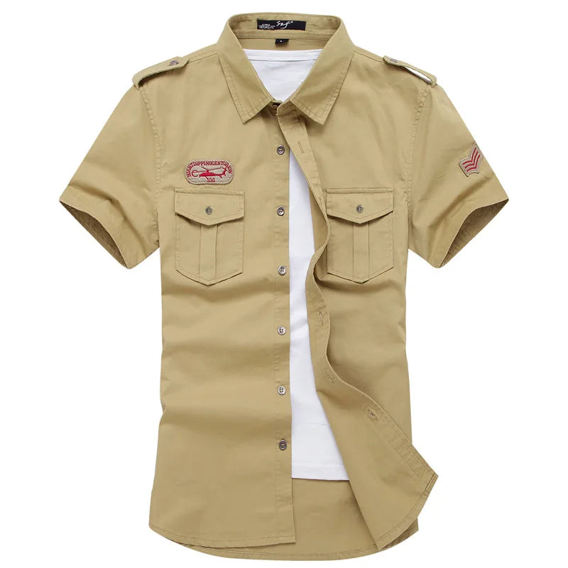 Camisa Masculina Casual de Algodão com Multi Bolsos