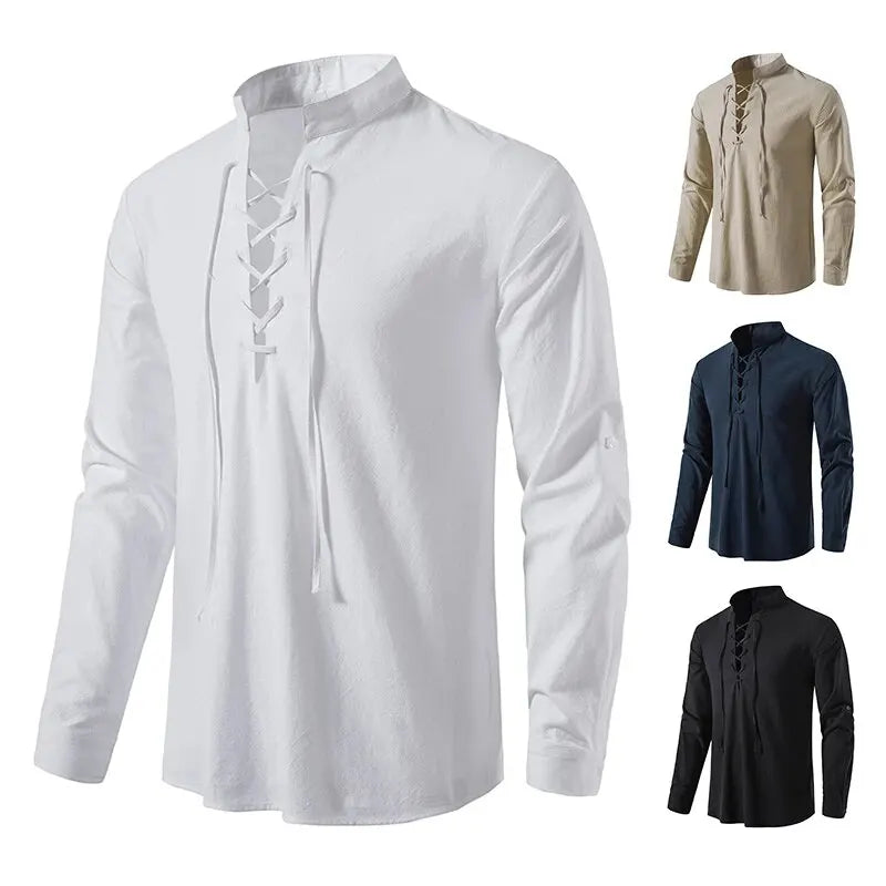 Camisa Masculina Casual de Linho com Cordão